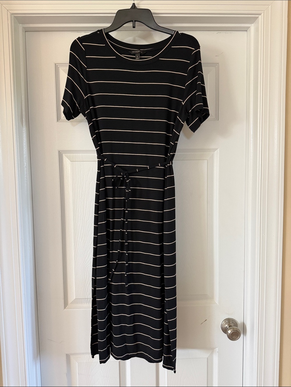 Striped Black & Cream Tie-Waist Midi Dress